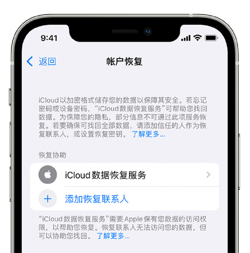 武冈苹果手机维修分享在 iPhone 上设置帐户恢复联系人的方法 