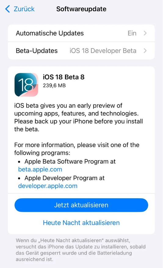 武冈苹果手机维修分享苹果 iOS / iPadOS 18 开发者预览版 Beta 8 发布 